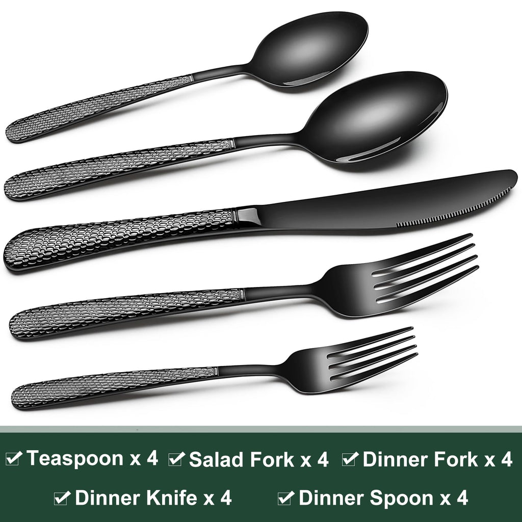 Black Hammered Silverware Set, 20-Piece Stainless Steel Heavy Duty Flatware Set for 4, Food-Grade Tableware Cutlery