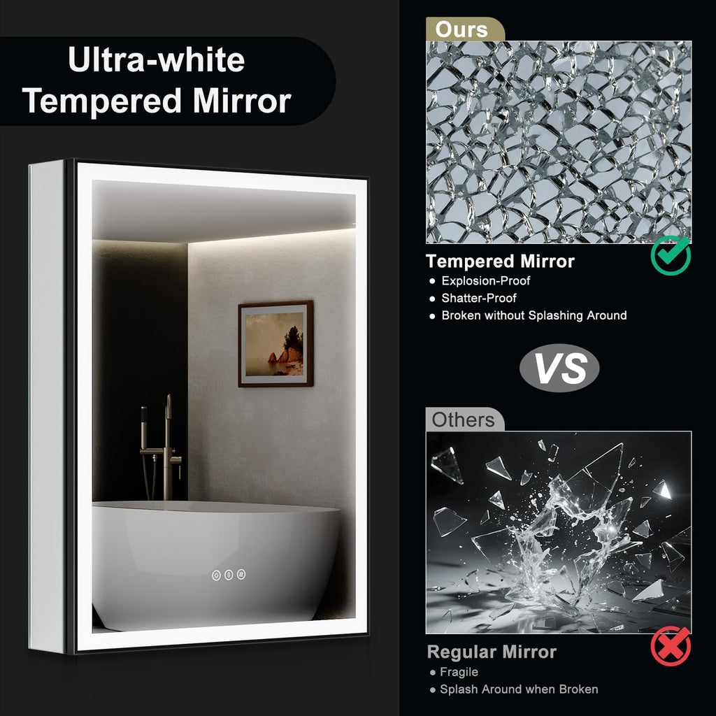 24x32 Medicine Cabinet with Mirror & LED Lights, Black Frame, Anti-Fog, 3-Color Dimmable, Aluminum