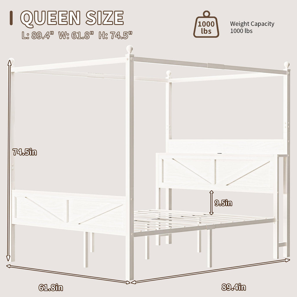 Canopy Bed Frame with Barn Storage Headboard, Beige