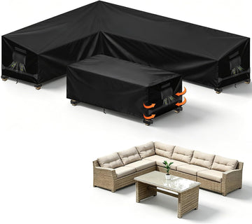 Outdoor Sectional Patio Furniture Covers, L-Shaped, 85x110in, Black | 2PCS waterproof cover for sofa and table, UV