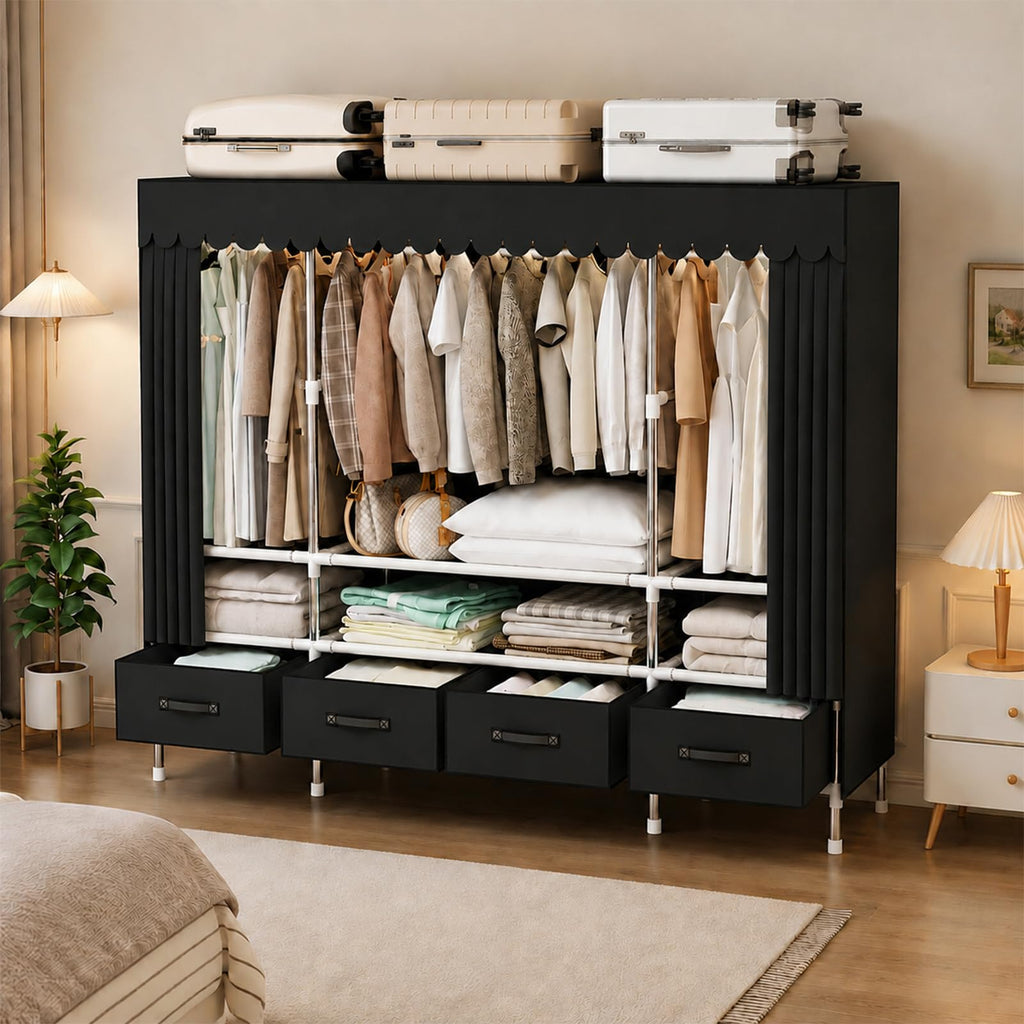 Portable Closet with Drawers 55" Wardrobe Closet Black