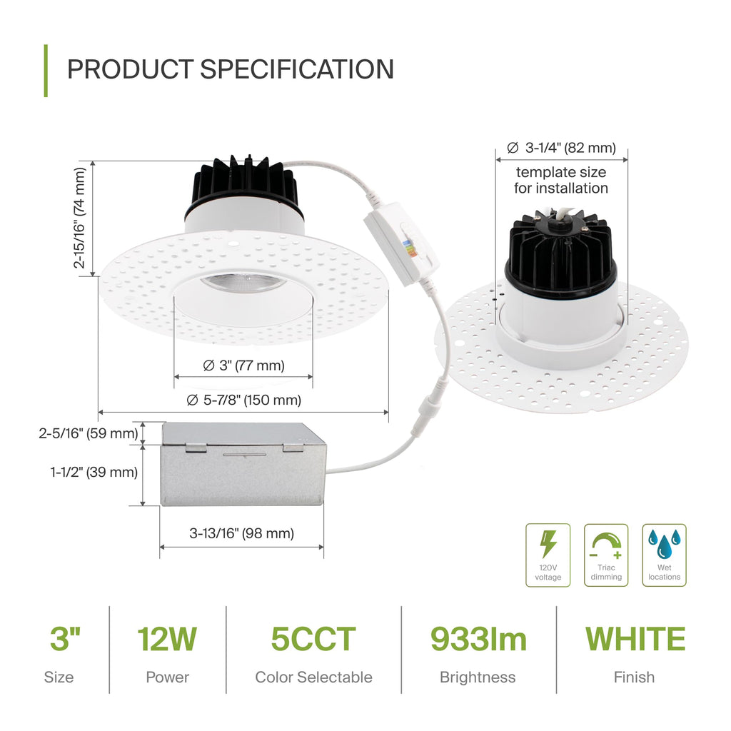 3 Inch Trimless LED Recessed Ceiling Light Fixture, Mud-in Canless Downlight with Junction Box, 5CCT Selectable