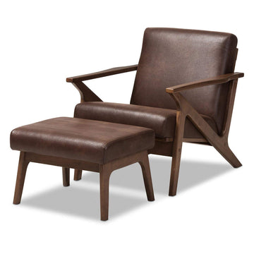 Inspired Eames Style Bianca Mid-Century Modern Walnut Wood Dark Brown Distressed Faux Leather Lounge Chair and Ottoman