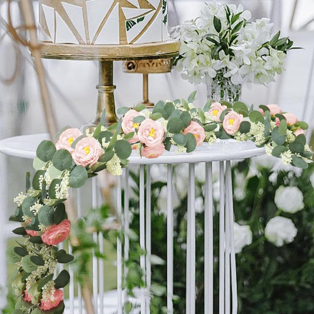 Pink 6.6Ft Artificial Eucalyptus Flower Garland with Fake Rose Flower Vine Seeded Eucalyptus Leaves Greenery - Set of 2