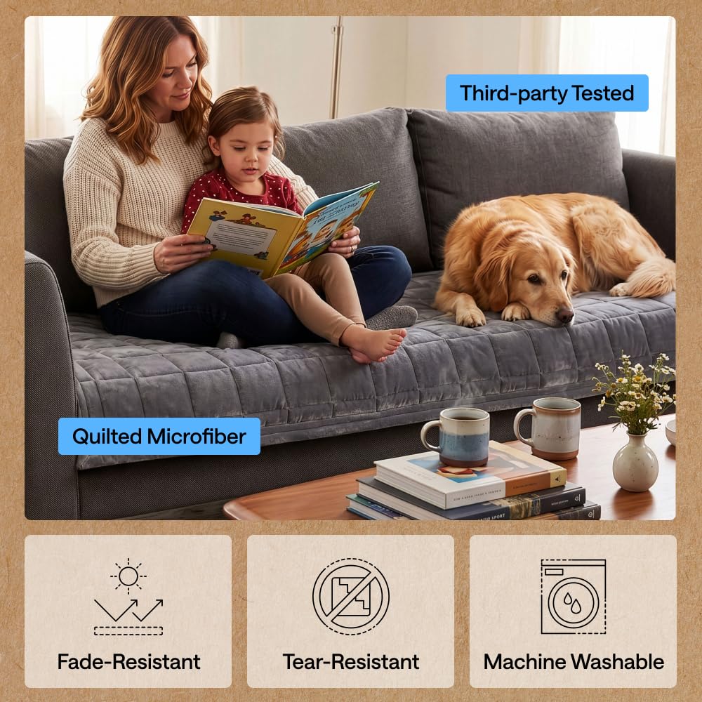 Slip and Leak Resistant Plush Loveseat Cover, Gray