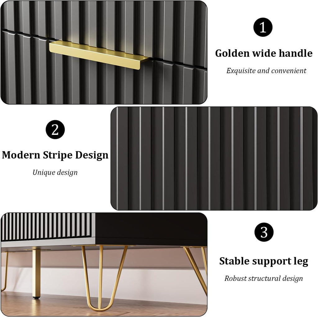 Black 6 Drawer Dresser, Fluted Dresser with Gold metal Handles