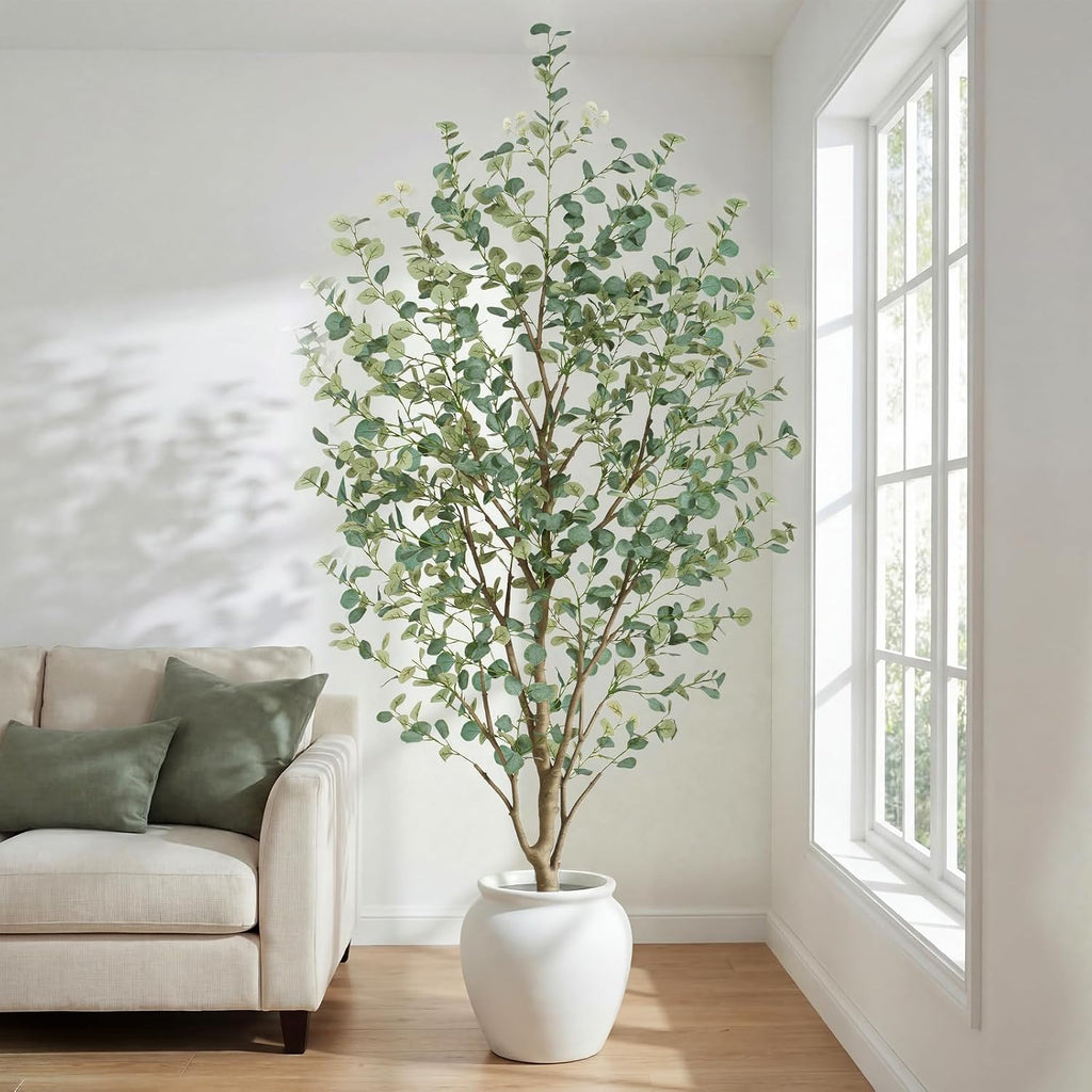 8FT Artificial Eucalyptus Tree Indoor, Faux Eucalyptus Tree with 901 Silk Leaves, Tall Fake Tree - Artificial Tree