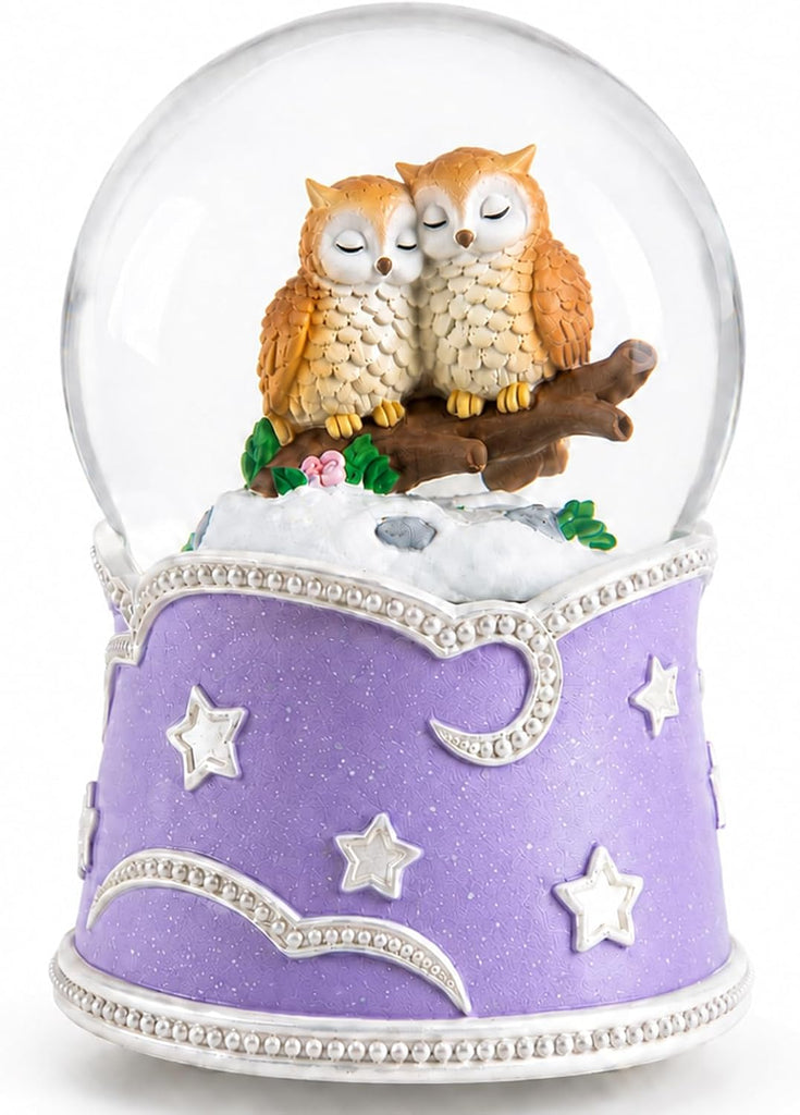 Owl Snow Globe Music Box with Color Lights, Beautiful Dreamer Tune, Glitter Musical Snow Globe, Rotating Owls
