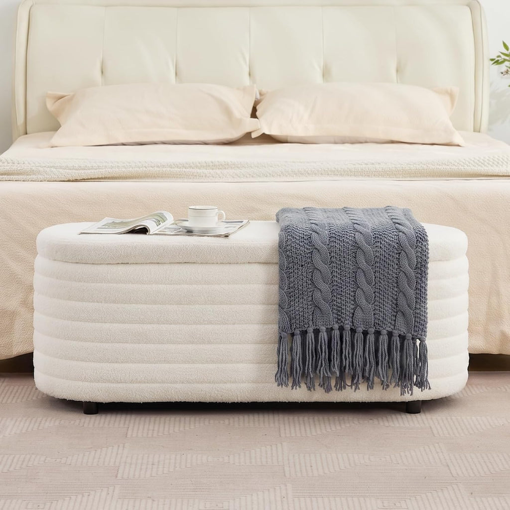 45.5" Storage Teddy Ottoman Bench Upholstered Fabric Bench Hidden Storage Chest with Slow-Close Safety Hinge , White