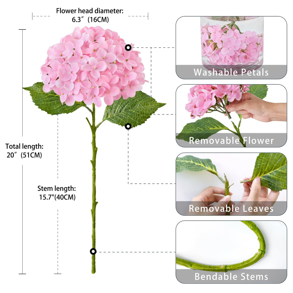 20 inches 4 Pcs Soft Pink Real Touch Artificial Boho Lifelike Real Looking Latex Hydrangeas Flower with Long Stem
