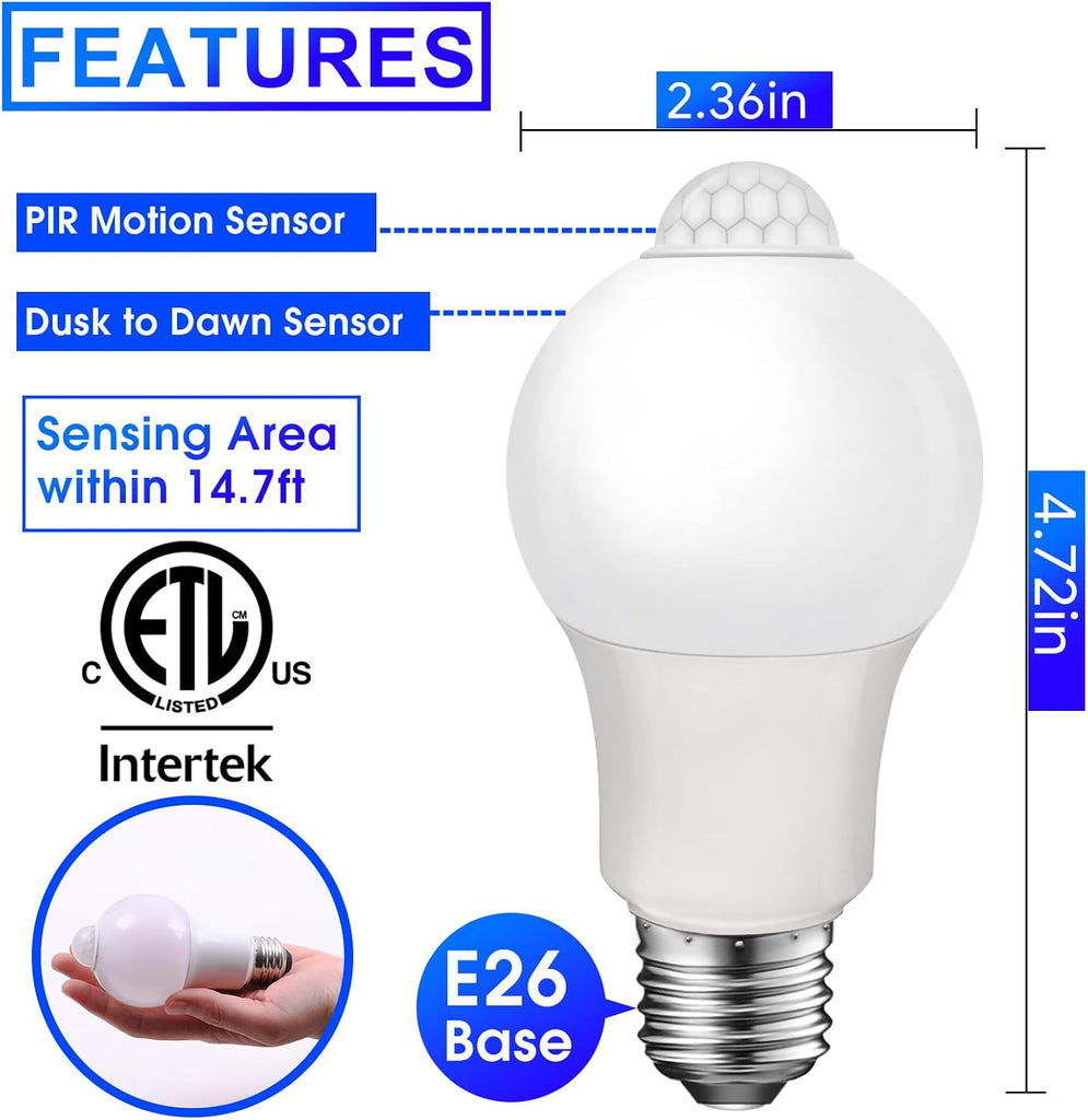 Energetic Motion Sensor Light Bulb, 8.5W (60 Watt Equivalent) E26 Motion Activated Dusk to Dawn Security Light Bulb