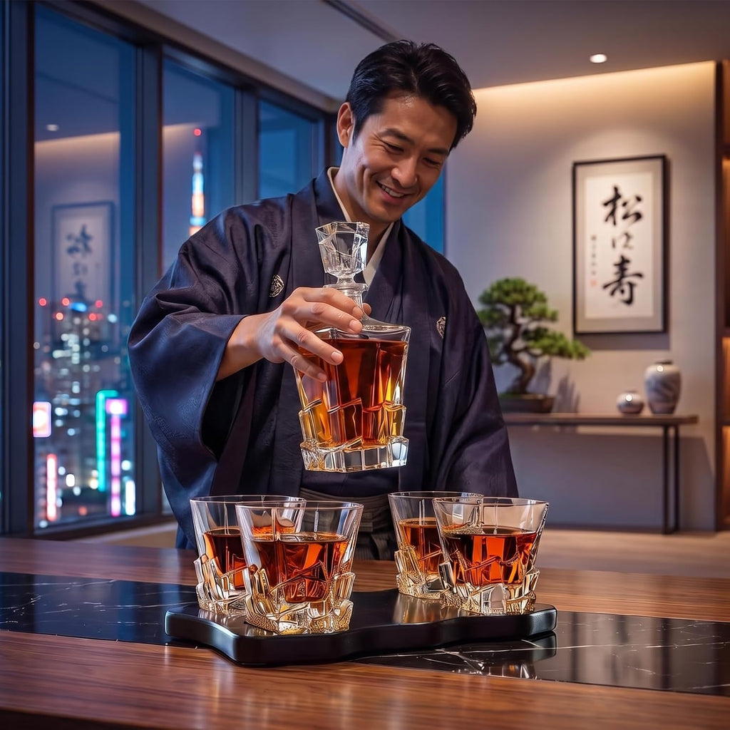 Ridge Japanese Crystal Whisky Decanter Set with 4 Tumbler Glasses, Lead-Free Liquor Carafe & 10oz Rocks Glasses