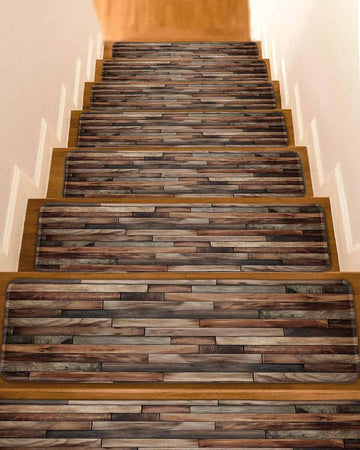 Brown Wood Grain Stair Treads Farmhouse Vintage Wooden Board Patchwork Indoor Non Slip Peel and Stick Stair Treads