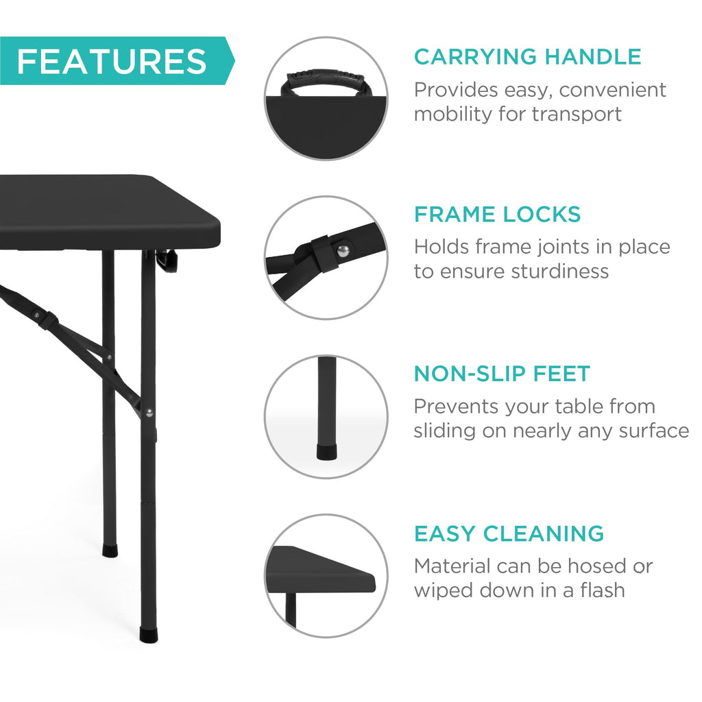 4ft Plastic Folding Table, Indoor Outdoor Heavy Duty Portable w/Handle, Lock for Picnic, Party, Camping - Black