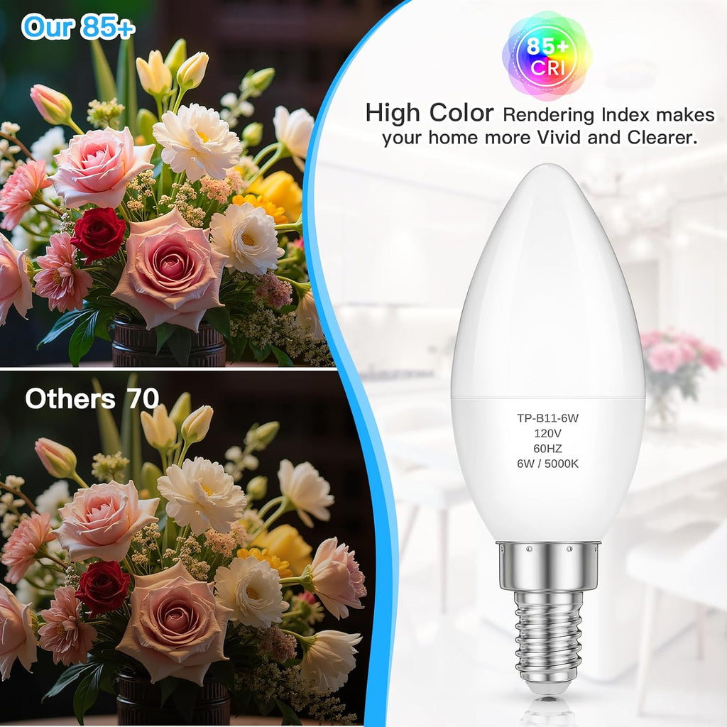 E12 LED Candelabra Light Bulbs 60W Equivalent, 6W 5000K Daylight White, 600LM 85+ CRI Chandelier Bulbs, B11 Candle