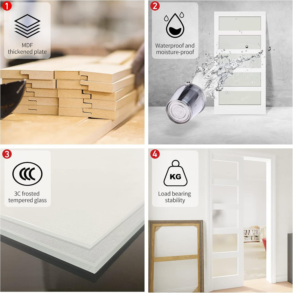 Pocket Door, 32" x 80" Concealed Sliding Closet Doors, 5 Lites Tempered Frosted Glass Pantry Doors, Interior Single