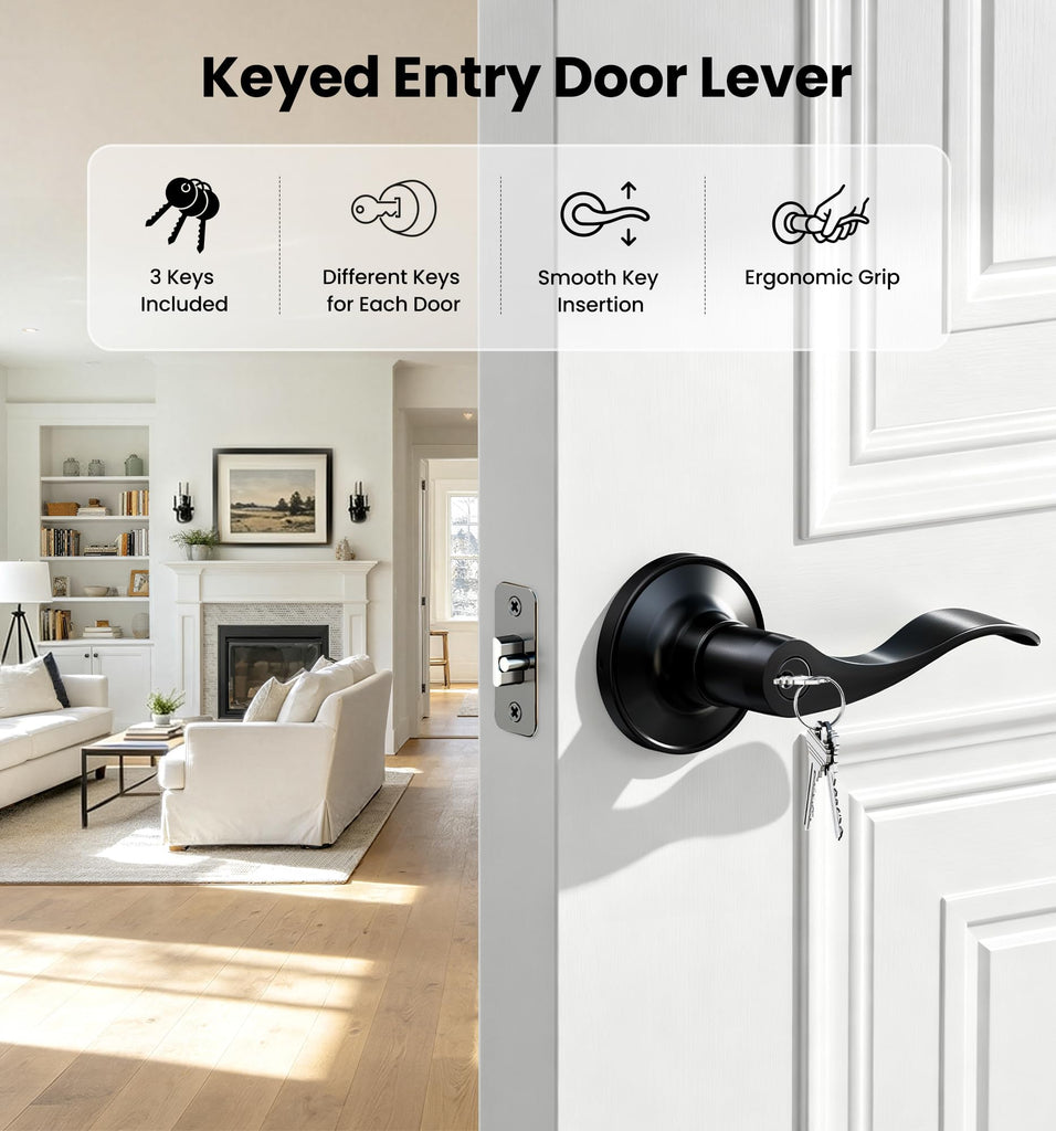 Keyed Entry Door Lever, Door Handle with Lock and Keys, Matte Black