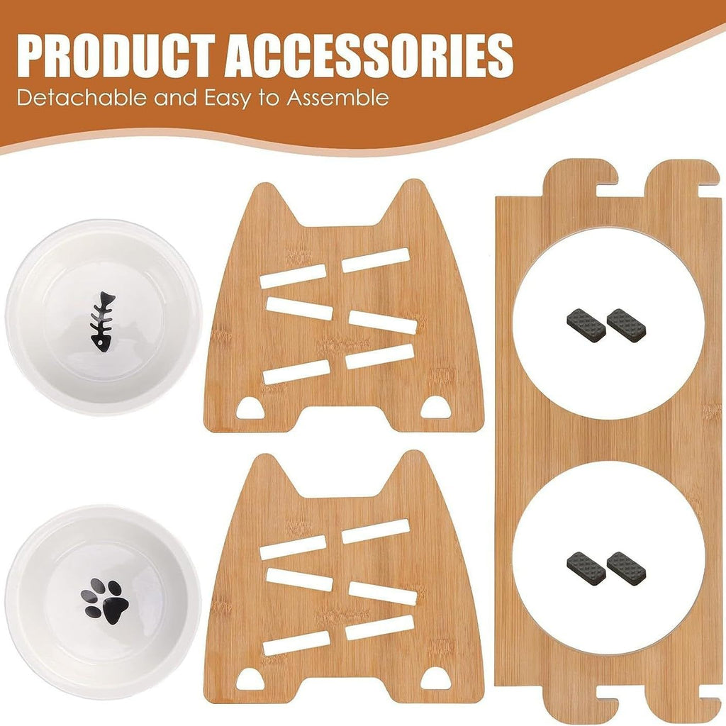 8 Heights Adjustable Raised Dog and Cat Pet Bowl with Bamboo Stand and Ceramic Dishes, Elevated Feeding Station