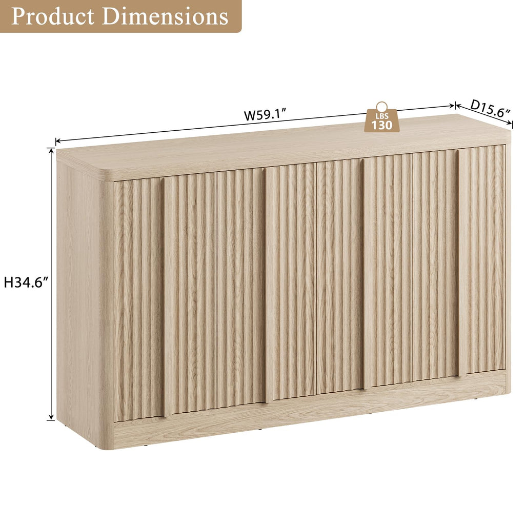 Fluted Buffet Cabinet with Storage, 120" Sideboard Buffet Storage Cabinet with 8 Doors & Adjustable Shelves, Wood