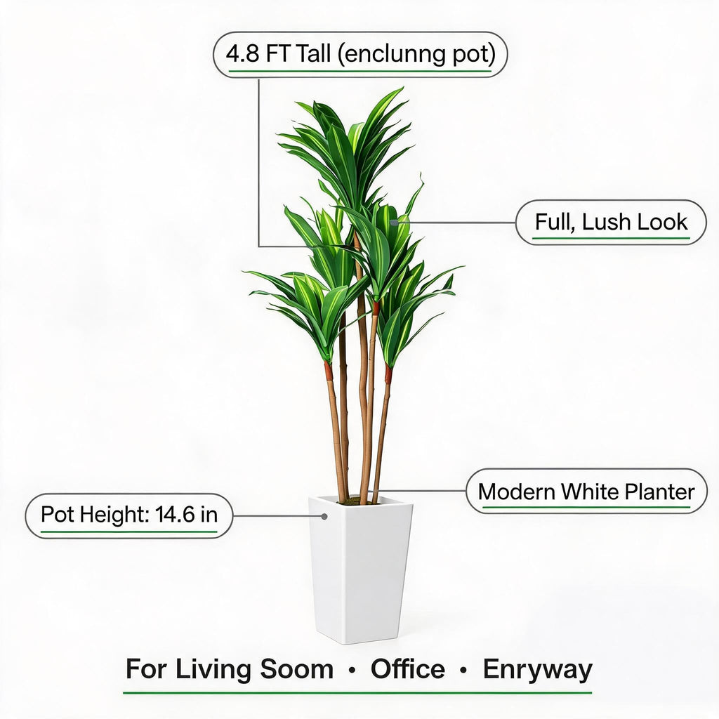 4.8ft Artificial Dracaena Tree in White Tall Planter, Tall Artificial Plants for Indoor and Outdoor Fake Tree