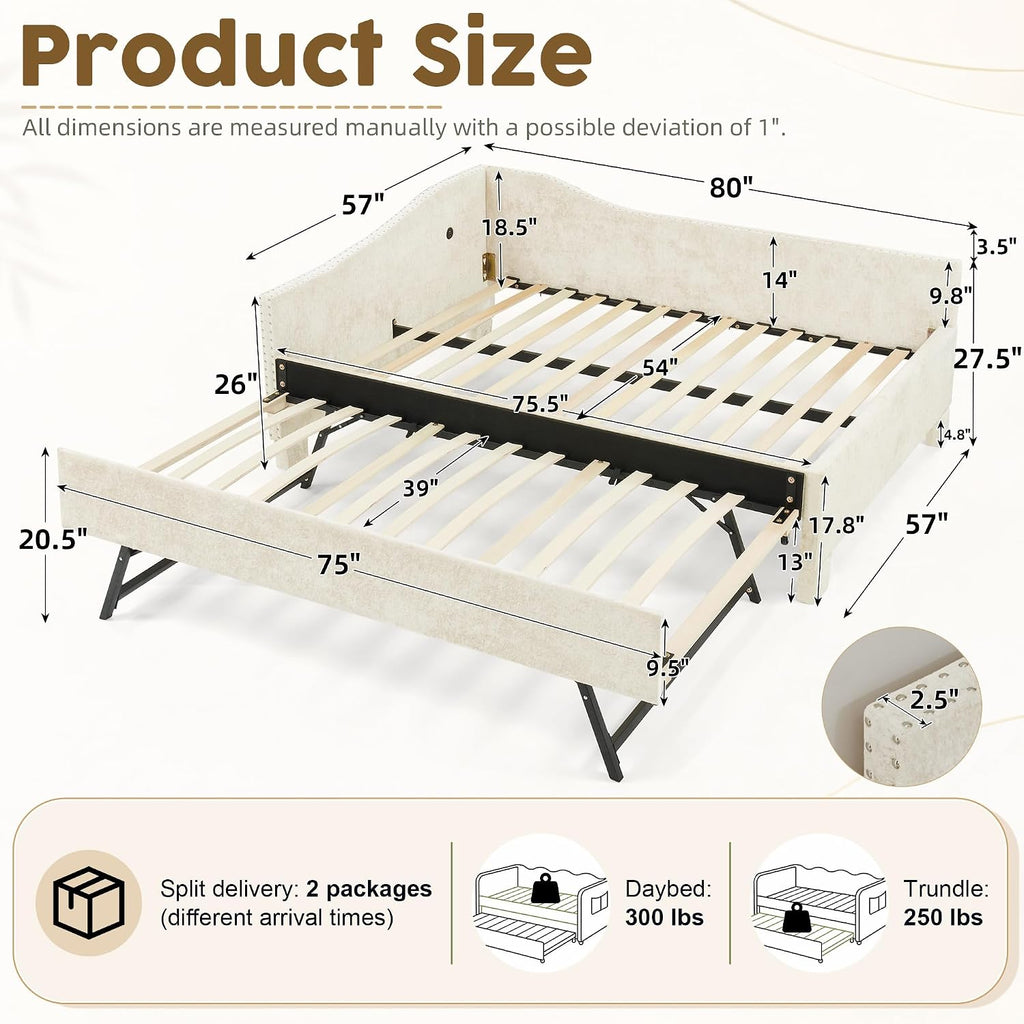 Full Daybed with Pop Up Trundle, Full Size Day Bed Frame, USB Port, Beige | Chenille L-Shaped Corner Bed Frame