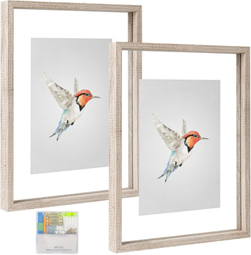 11x14 Floating Frames Distressed Beige White Wood Pattern,Double Glass Picture Frame Set of 2 Display Any Size Photo