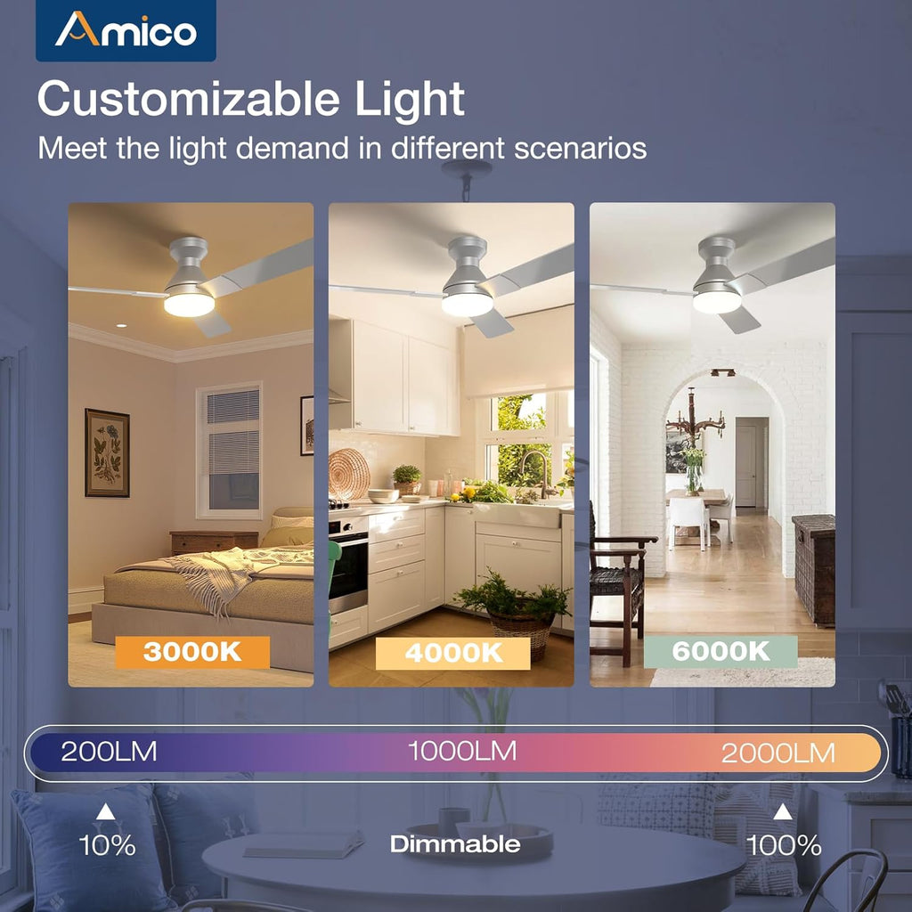 Ceiling Fans with Lights, 52 inch Low Profile Ceiling Fan with Light and Remote Control, Flush Mount, Reversible, 3CCT, Dimmable, Noiseless, Silver Ceiling Fan for Bedroom, Indoor/Outdoor Use A102-B0D87BJZ37