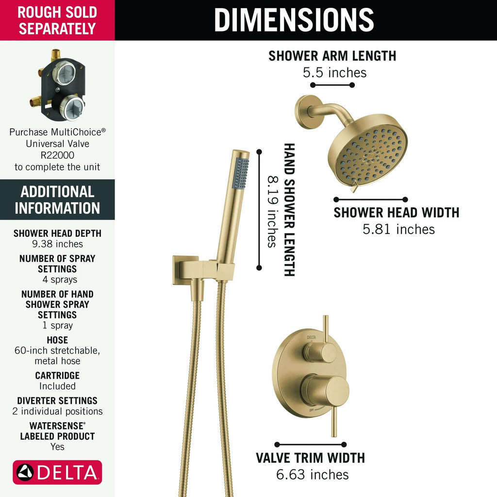 Modern Round Shower System Faucet Set, Brushed Gold 6-inch Shower Head and Handle Set, Valve Trim Kit, Champagne