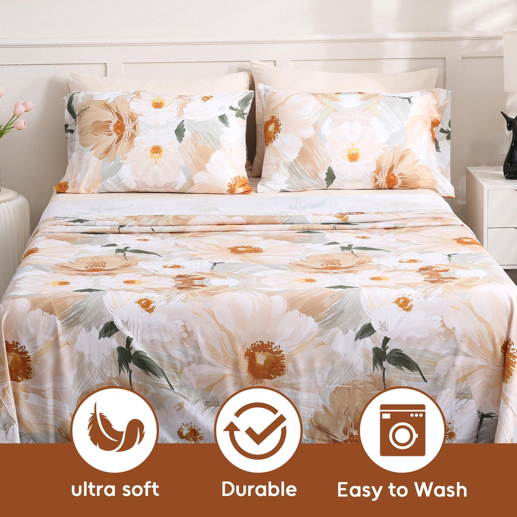 Flower Queen Size 6 Pcs Sheet Set, Breathable Microfiber Deep Pocket Biege Fitted Sheets, Comfy & Breathable
