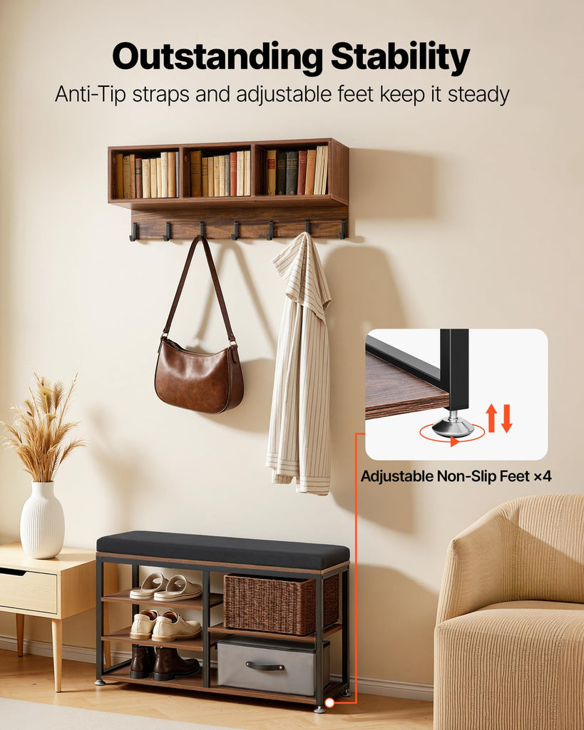 Coat Rack with Shoe Bench, 3-in-1 Shoe Coat Rack Combo Set with Hooks and Bookshelf, Steel Frame Hall Tree Entrance