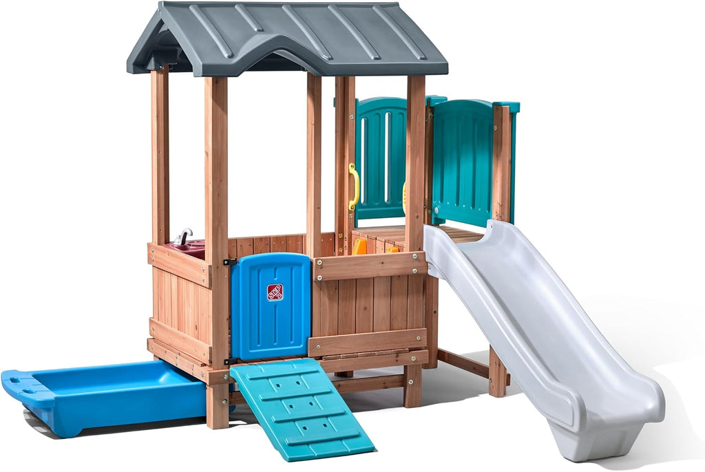 Woodland Adventure Playhouse & Slide, Kids Outdoor Playset, Backyard Playground Set, Swings, Storage Drawer, Made of