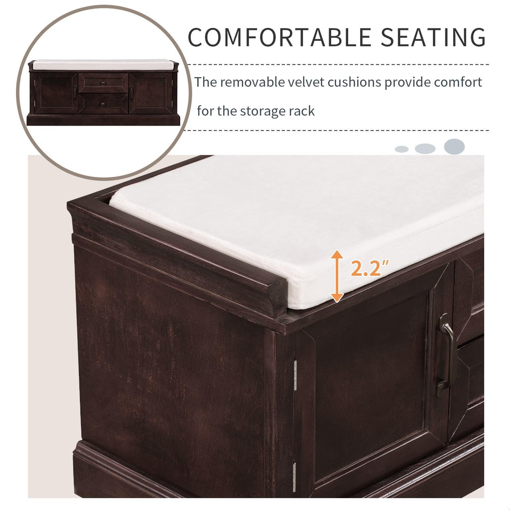 Rustic Storage Bench with 4 Doors 2 Draws Adjustable Shelves Removable Cushion Rectangular Cabinet Foot Rest Stool