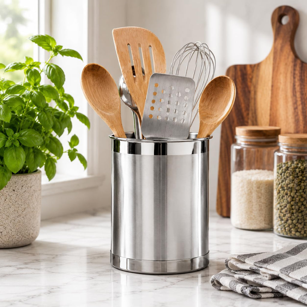 Stainless Steel Utensil Holder - 5" Diameter, Utensil Caddy, Weighted Base for Stability - Larger-Sized Utensil Crock