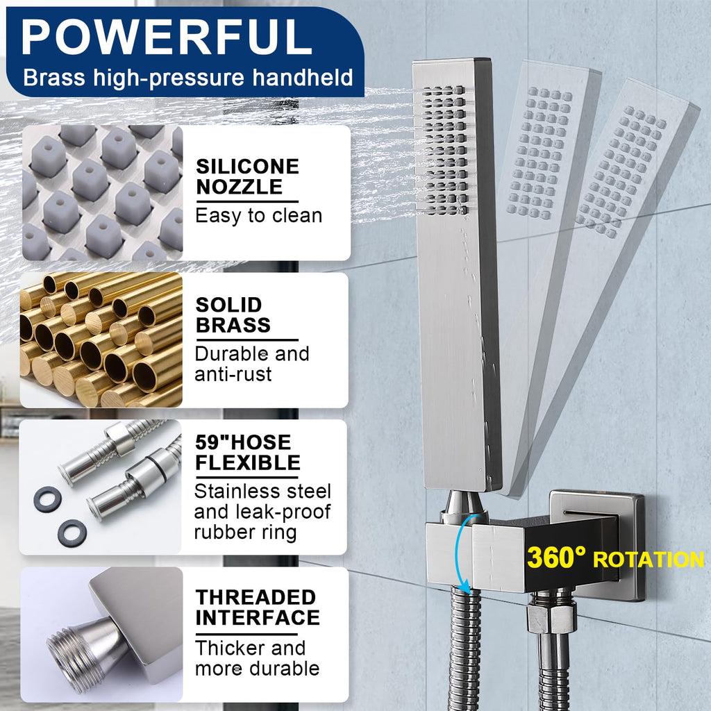 Rain Shower Head System with 14x20 Inch Ceiling Mount LED Head & 6 Inch Wall Head and Handheld Shower 3 Way Pressure