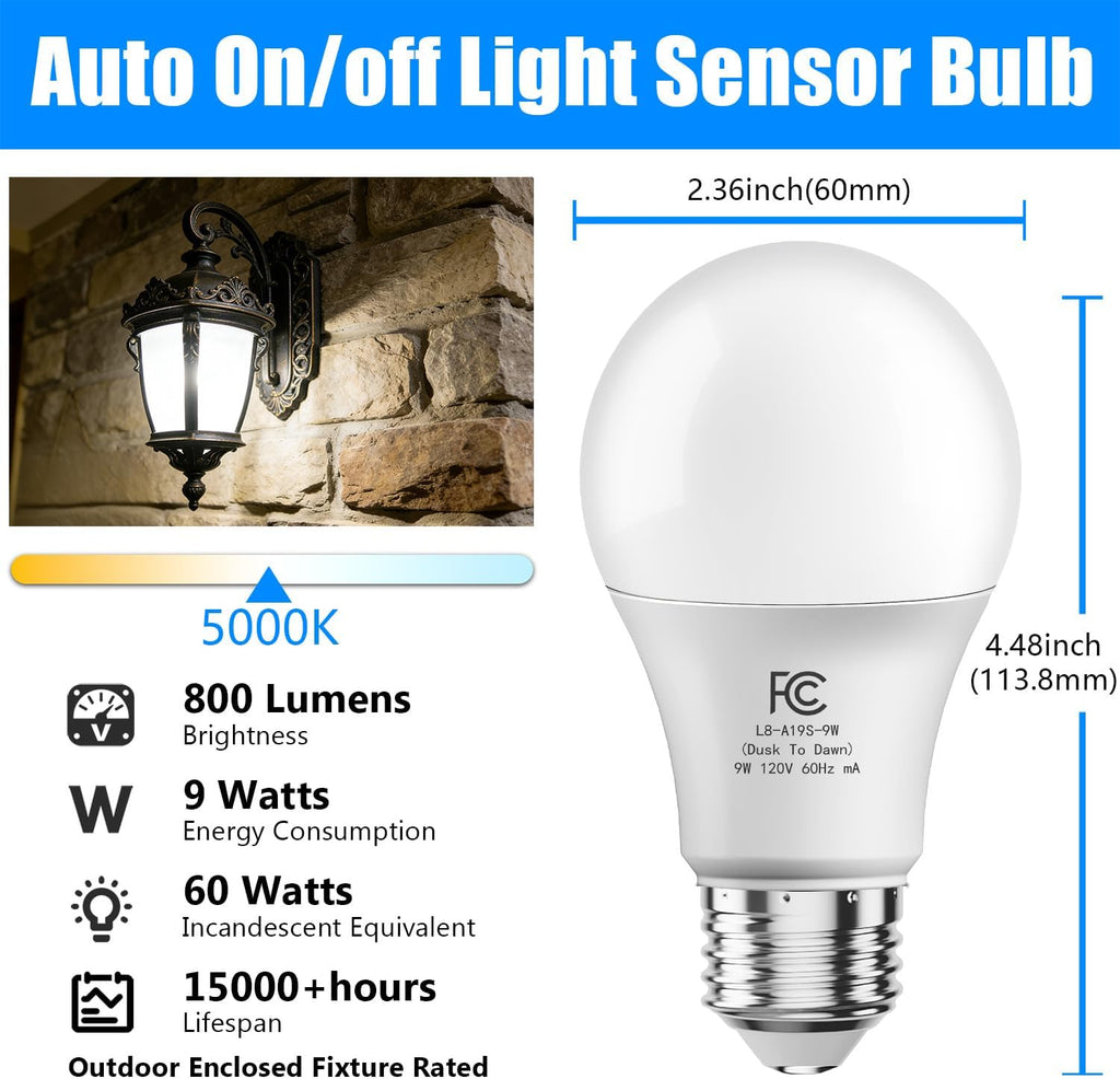 4 Pack A19 Dusk to Dawn Light Bulbs Outdoor, Auto On/Off Photocell Sensor LED Light Bulb for Porch & Security