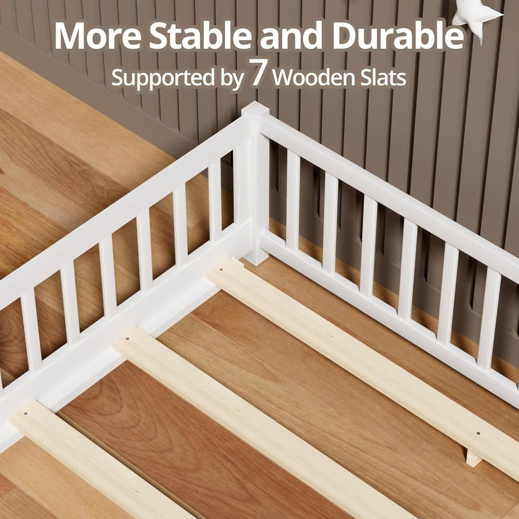 Floor Bed for Teenager, Solid Wood Multifunctional Bed Frame with Safety Guardrails, Without Door, Easy