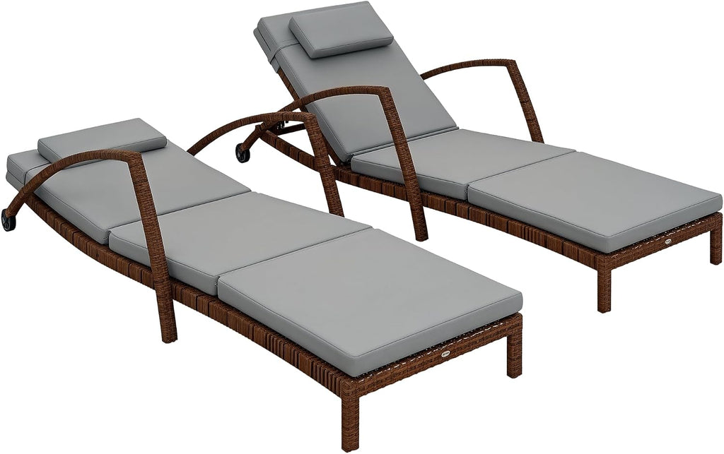 Wicker Chaise Lounge Chair Outdoor 5-Position Reclining Gray | Set of 2, Pool Lounge Chairs with Wheels, Rattan