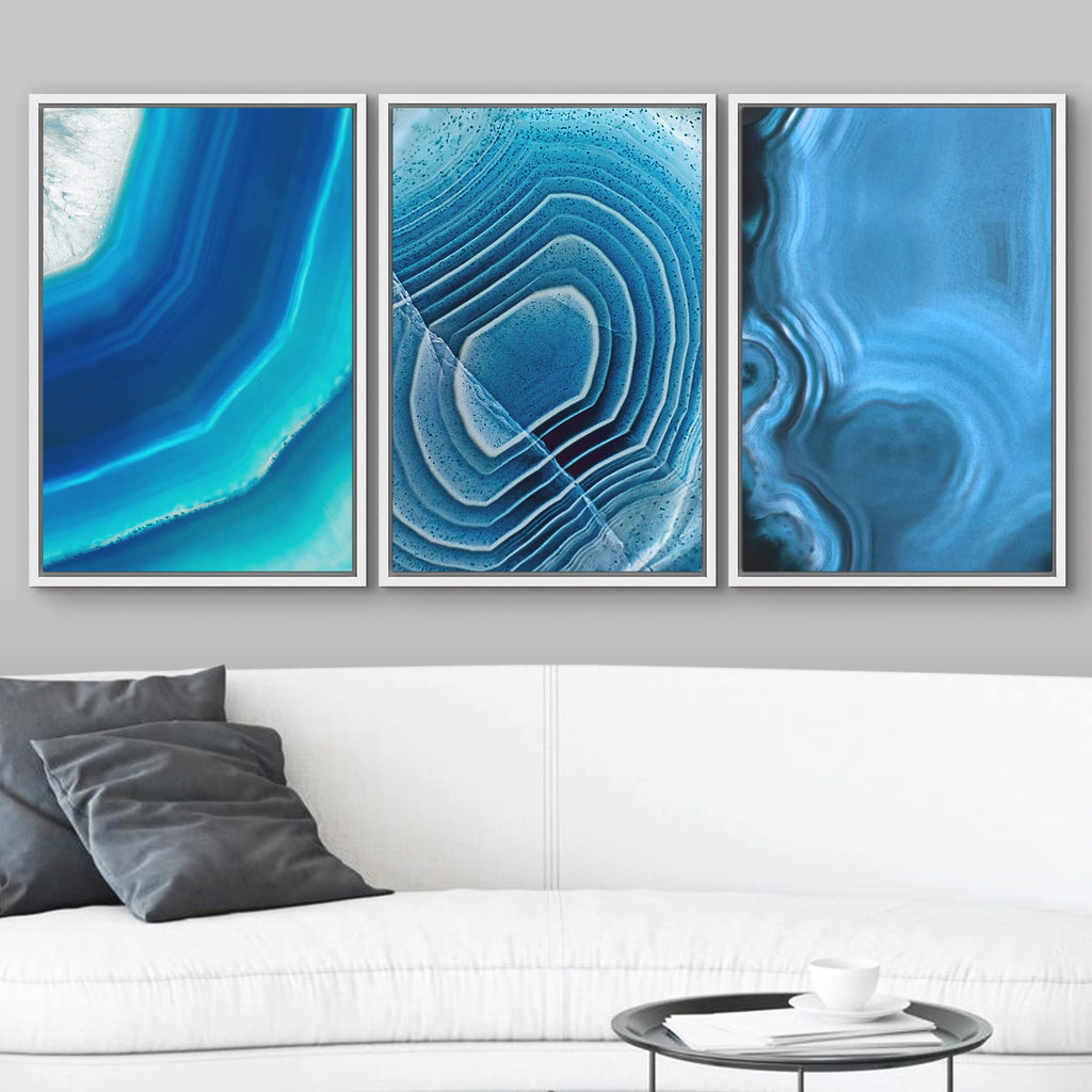 3 Panel Framed Canvas Wall Art - Blue Agate Patterns - Giclee Print Gallery Wrap Modern Home Art Ready to Hang