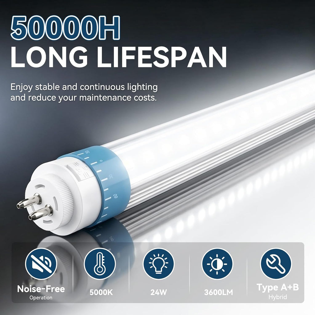 4FT T5 LED Tube Lights, Type A+B, 24W 3600LM 5000K Daylight, 2-Pack