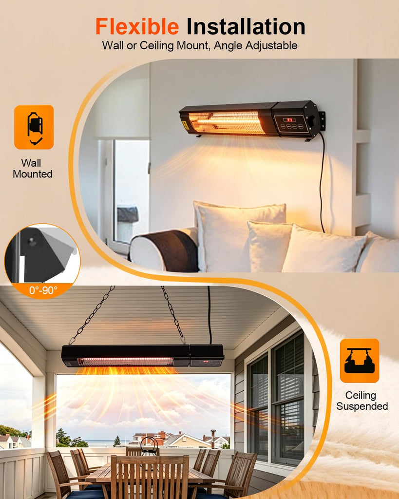 Patio Heater for Outdoor Use 1500W, IP65 Approved, Infrared Electric Wall-Mounted Patio Heater, 3 Levels Heating for