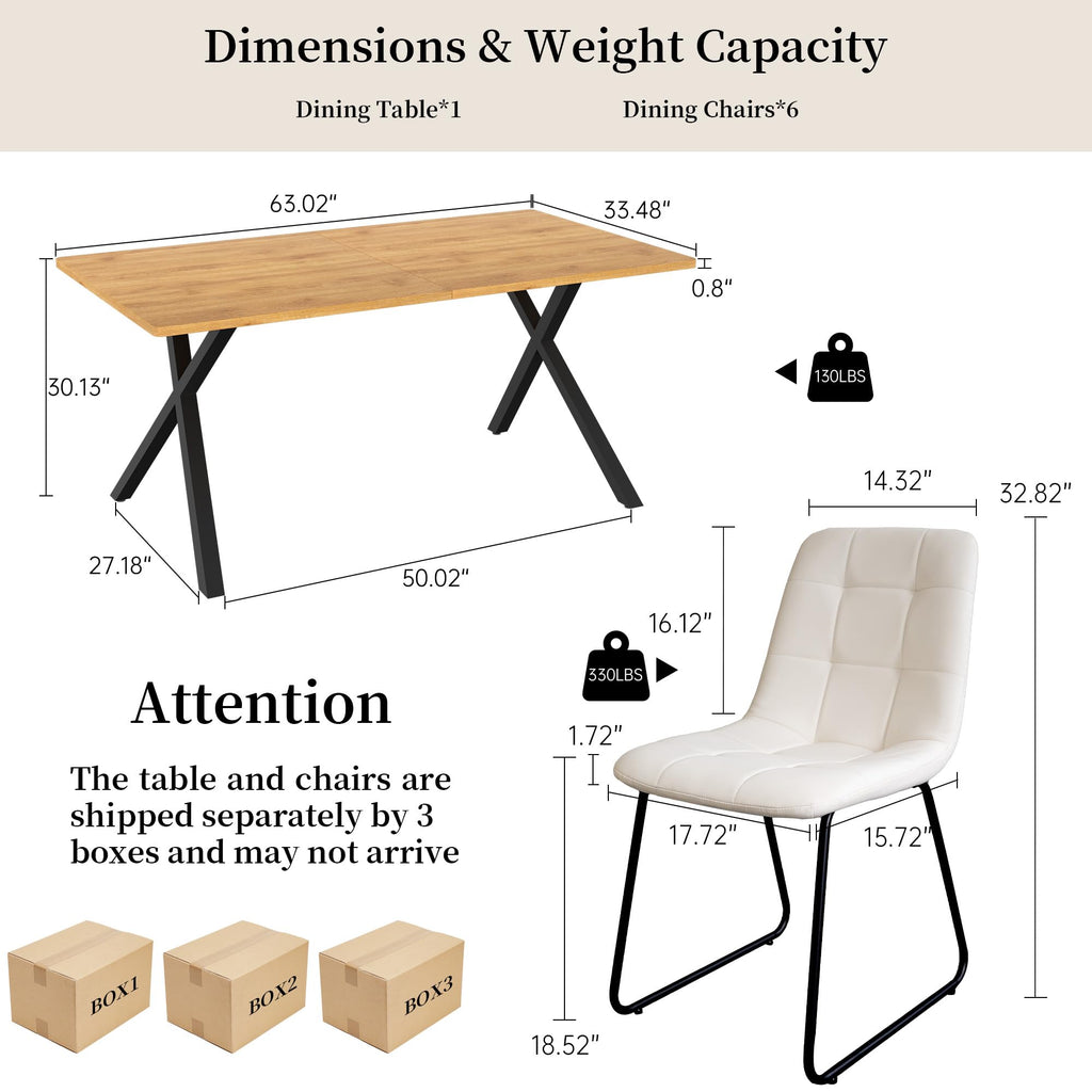 7-Piece Dining Table Set for 6 People, 63" MDF Kitchen Table with 6 Upholstered Chairs, Metal Legs (Oak Table+6