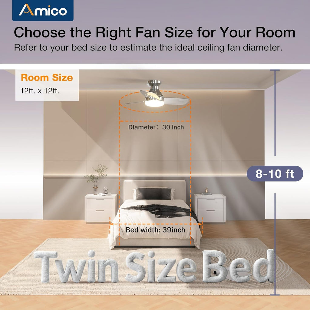 Ceiling Fans with Lights, 30 inch Low Profile Ceiling Fan with Light and Remote Control, Flush Mount, Reversible, 3CCT, Dimmable, Noiseless, Nickel Ceiling Fan for Bedroom, Indoor/Outdoor Use A102-B0C61KVQC4