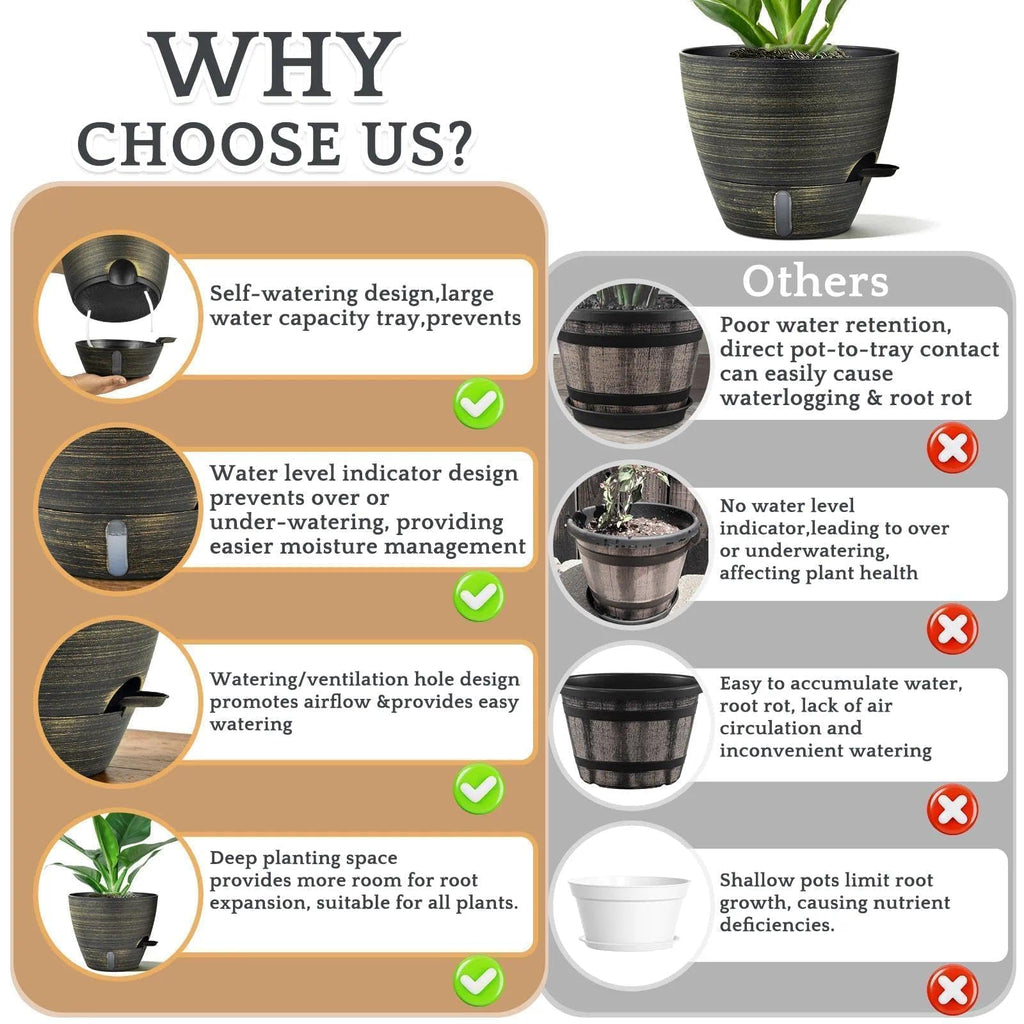 12/10/8 in Self Watering Pots for Indoor/Outdoor Plants, Gold Bronze Large Plastic Planter with Water Level