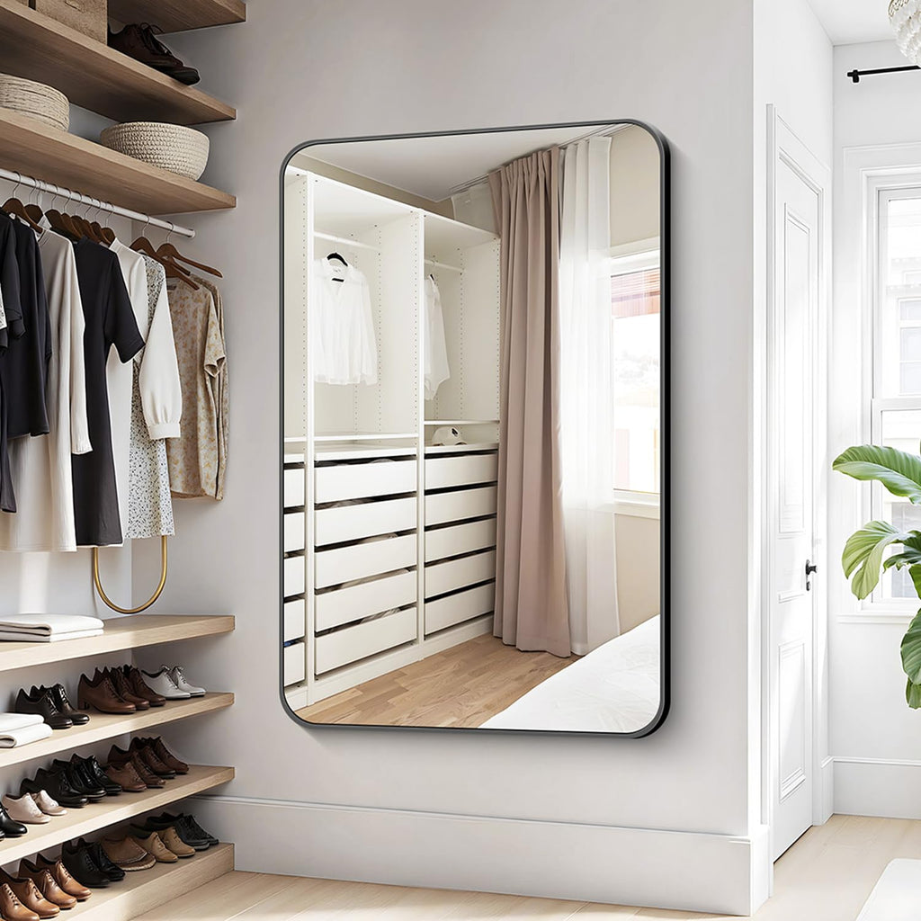 Bathroom Mirror, 36"x48" Black Rectangle Vanity Mirror, Black Metal Frame Mirror with Rounded Corner