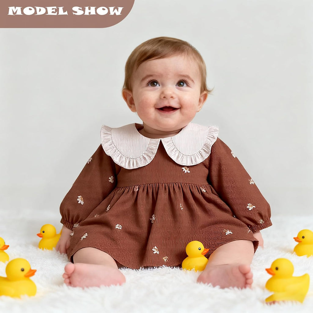 Toddler Baby Girl Corduroy Dress Ruffle Peter Pan Collar Floral Embroidery Long Sleeve Dress Spring Fall Outfits