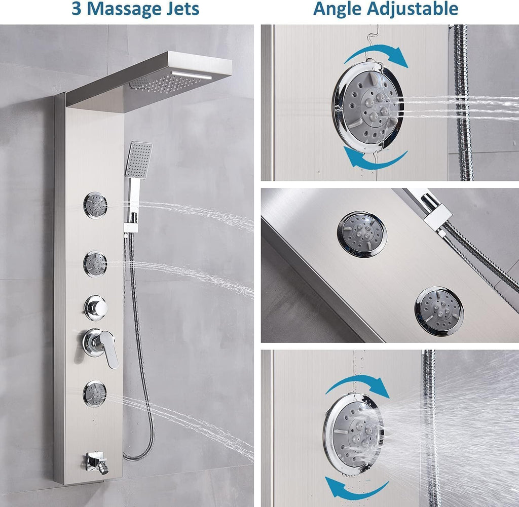Shower Panel Massage Jets Rainfall Waterfall Shower Head, Shower Stainless Steel Wall Mount Massage Multi-Function