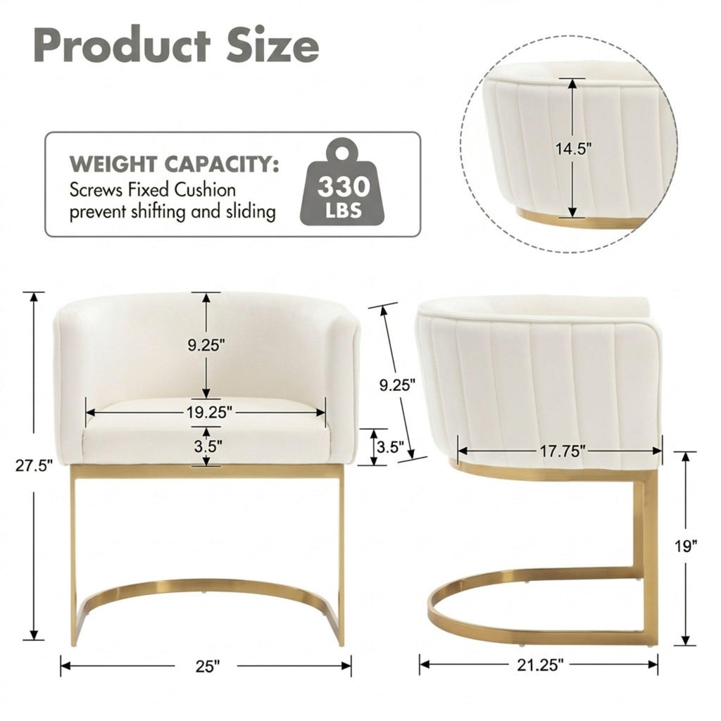 Beige and Gold Barrel Dining Chairs Set of 2, Modern Velvet Upholstered Accent Chairs with Curved Back Island, Luxury