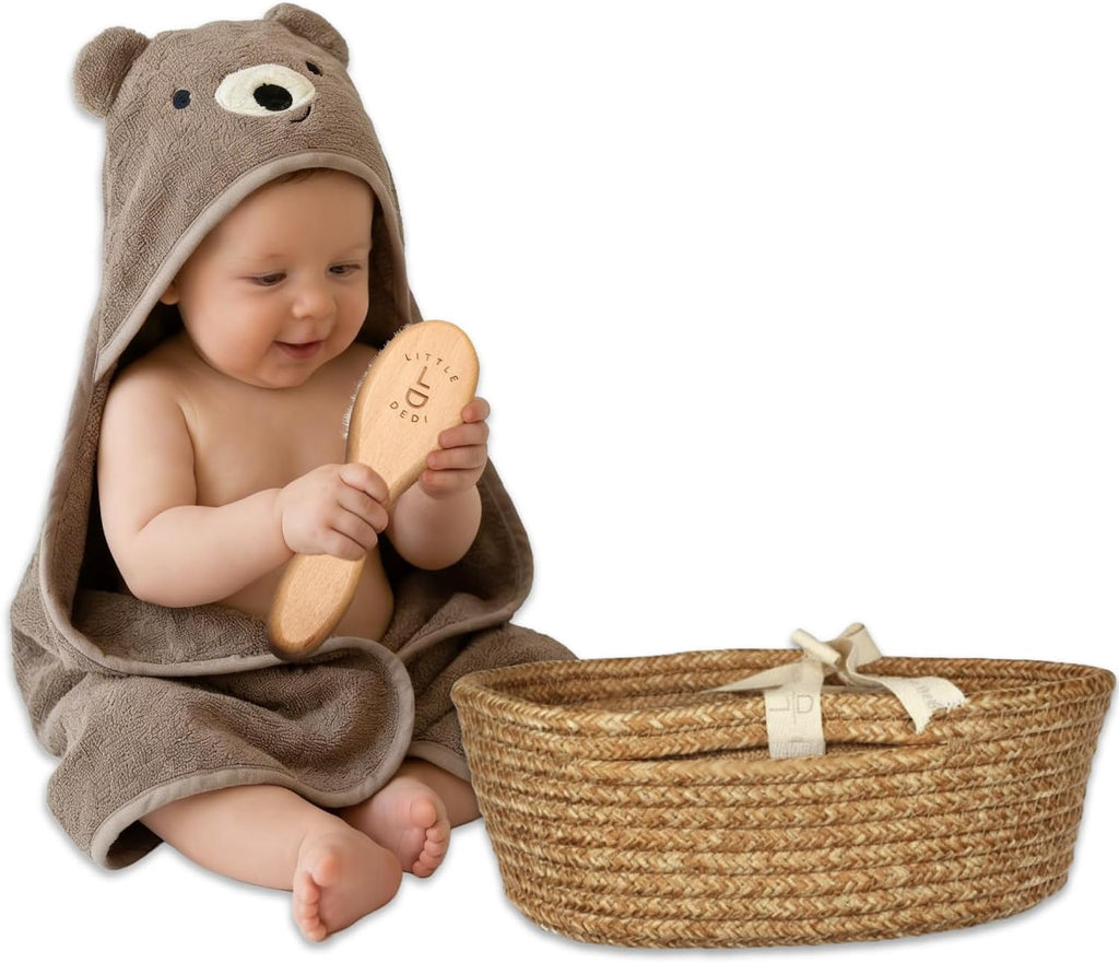 Baby Gift Set Piece, Hooded Towel, Brush & Basket, Teddy