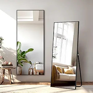 Full Length Mirror with Stand, 56"X19" Aluminum Alloy Frame Floor Mirror, Black, Shatter-Proof Glass - Free Standing,