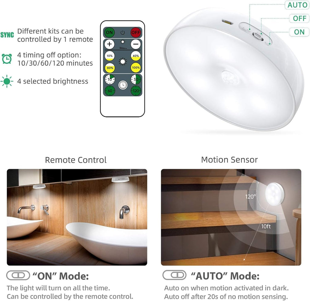 LED Closet Lights Wireless Motion Sensor Puck Light, Newest Version USB Rechargeable Dimmer Step Light with Remote